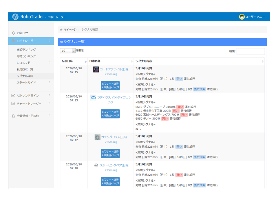 マイページでのシグナル確認画面